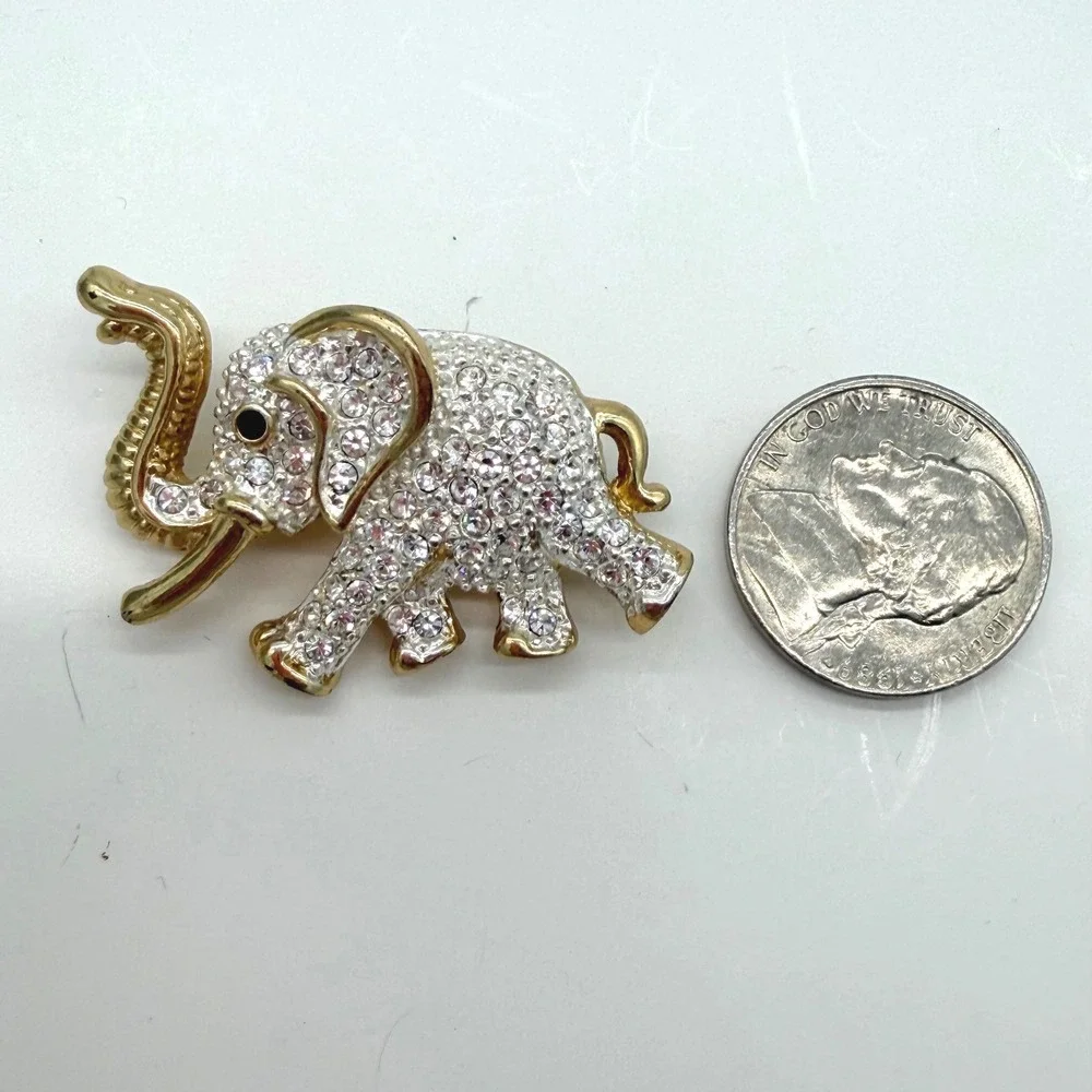 Roman Elephant Brooch Gold Tone Clear Rhinestone Pave‎ Small Signed Vintage